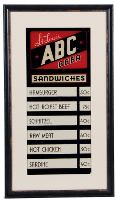 St. Louis A.B.C. Beer Sandwiches menu, framed 13.2" x 23.2", professional matting & framing, very good condition.