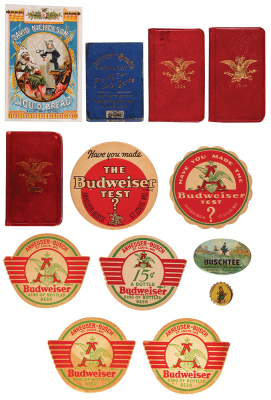 Thirteen Anheuser-Busch & David Nicholson's advertising items, 1.1"diameter to 5.6" x 3.6", coasters, Army & Navy cards, bottle cap, 1904 & 1906 calendars, Buschtee Mirror, all items are in good used condition. - 2