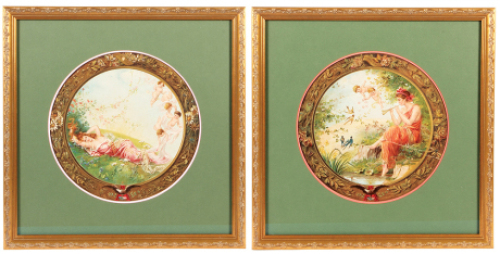 Two 1904 Anheuser-Busch Art Plaques lithographs, framed 18.3" x 18.3", plaques 11.5" diameter, marked: Copyright 1903 Anheuser-Busch Brewing Ass&rsquo;n., Gray Lith. Co. N.Y., professionally framed & matted, Spring & Summer, Summer has fold, otherwise good cond
