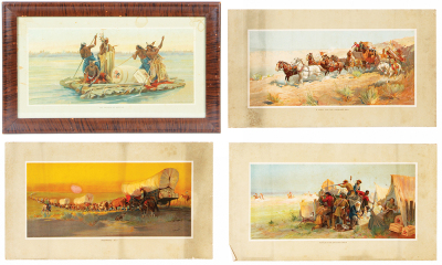 The Father of Waters & Three more lithographs, framed 12.7" x 21.0", all marked copyright, by August A. Busch, water marks, framed wear, other three are each 11.4" x 20.0", no frames, attack on an Emigrant Train, Westward Ho!, A fight for the overland mai