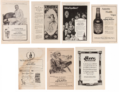 Seven Anheuser-Busch Malt Nutrine magazine advertising pages, 5.9" x 8.9" to 6.4" x 9.5", all pages were removed from publications, all in good condition. - 2