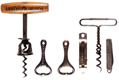 Six bottle openers, 2.7'' to 6.0'', Anheuser-Busch, Budweiser A.B.B. Ass’n. St. Louis, Budweiser King of Beers Ekco Chicago, Budweiser A.B.B. Ass’n St. Louis, Anheuser-Busch Inc. Cabinets & Refrigerator Bodies 2119, good condition.