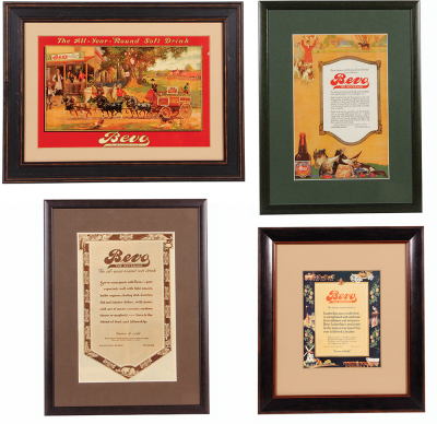 Four Anheuser-Busch lithographs on paper, all framed behind glass, 15.7" x 20.6" to 23.2" x 17.3", Bevo the Beverage, all in good condition with vivid colors.