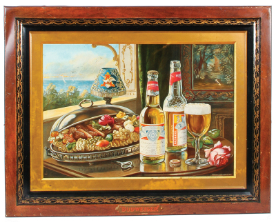 Anheuser-Busch lithograph on metal, 22.4" x 28.2", Budweiser Lager Beer, marked: Mayer & Lavenson Co., N.Y., a couple of blemishes within scene, minor rust spots & scratches around edges.