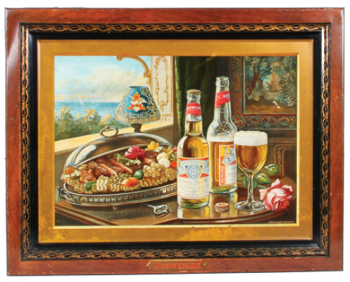 Anheuser-Busch lithograph on metal, 22.4" x 28.2", Budweiser Lager Beer, marked: Mayer&nbsp;& Lavenson Co., N.Y., a couple of blemishes within scene, minor rust spots & scratches around edges.