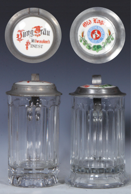 Two glass steins, .5L, pressed, clear, pressed, porcelain inlaid lid: Jung Bräu Milwaukee's Finest, base chip; with pressed, clear, porcelain inlaid lid: Old Lager, Joliet Citizens Brewing Co., Joliet, IL., mint.