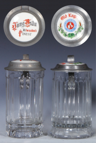 Two glass steins, .5L, pressed, clear, pressed, porcelain inlaid lid: Jung Br&auml;u Milwaukee's Finest, base chip; with pressed, clear, porcelain inlaid lid: Old Lager, Joliet Citizens Brewing Co., Joliet, IL., mint.