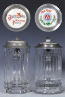 Two glass steins, .5L, pressed, clear, pressed, porcelain inlaid lid: Jung Br&auml;u Milwaukee's Finest, base chip; with pressed, clear, porcelain inlaid lid: Old Lager, Joliet Citizens Brewing Co., Joliet, IL., mint.