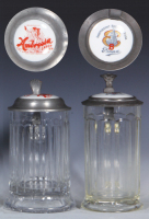 Two glass steins, .5L, pressed, clear, porcelain inlaid lid: Ambrosia Large Beer Sioux Falls Brewing Co., Sioux Falls, South Dakota, base chip; with .5L, pressed, clear, porcelain inlaid lid: Independent Brewing Ass&rsquo;n. Prima, base flake.