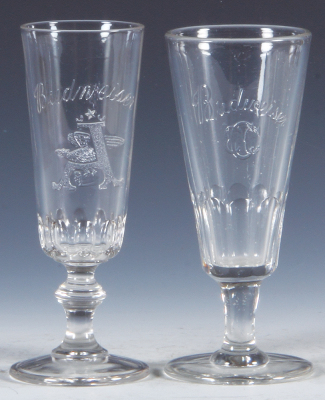Two Pre-Prohibition embossed beer glasses, 6.4'' to 6.5'' ht., Anheuser-Busch, Budweiser A & Eagle, Budweiser CCC, excellent condition.