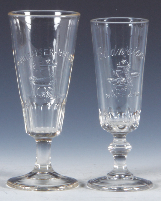 Two Pre-Prohibition embossed beer glasses, 6.5'' to 6.7'' ht., Anheuser-Busch A & Eagle, Budweiser A & Eagle, excellent condition. 