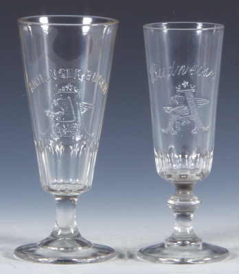 Two Pre-Prohibition embossed beer glasses, 6.5'' to 6.6'' ht., Anheuser-Busch A & Eagle, Budweiser A & Eagle, excellent condition.