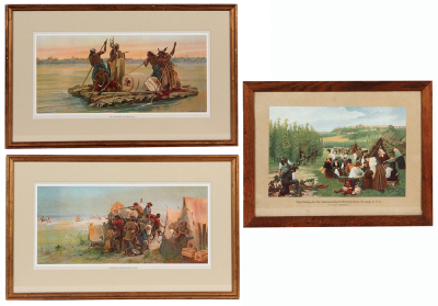 Three Anheuser-Busch lithographs on paper, framed, 21.6" x 13.4", The Father of Waters & 21.6" x 13.4", Attack on an Immigrant Train, & 17.7" x 13.7", Hop Picking for the Anheuser-Busch Ass'n., St. Louis, U.S.A., at Saaz [Bohemia], marked: Copyright, by A