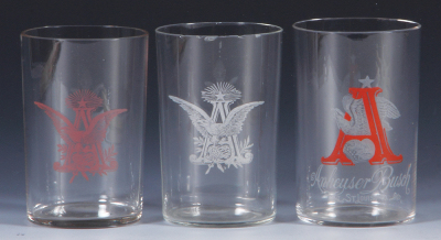 Three Pre-Prohibition beer glasses, 3.4'' to 3.6'' ht., printed, A & Eagle, A & Eagle, A & Eagle Anheuser-Busch, St. Louis, MO, second has top rim chips, others very good condition.
