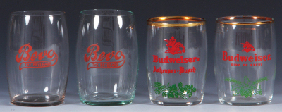 Four beer glasses, 3.1' 'to 3.4'' ht., printed, two Bevo the Beverage, Budweiser Anheuser-Busch, Budweiser King of Beers, excellent condition.