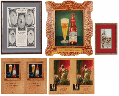 Five Anheuser-Busch lithographs on paper and other items, Malt-Nutrine 1906 Calendar, 12.4" x 16.5", professional matting & framing; table top sign, 14.5" x 17.0", Portrait of a Perfect Host, creases & dents on edges; card, Anheuser-Busch Vienna Industria