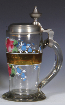 Glass stein, 1.0L, blown, clear, mid. 1800s, hand-painted, pewter lid, lid dated 1853, very good condition. - 2