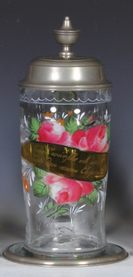 Glass stein, 1.0L, blown, clear, mid. 1800s, hand-painted, pewter lid and base ring, lid dated 1837, very good condition.