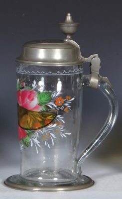 Glass stein, 1.0L, blown, clear, mid. 1800s, hand-painted, pewter lid and base ring, lid dated 1837, very good condition. - 2