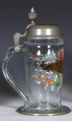 Glass stein, 1.0L, blown, clear, mid. 1800s, hand-painted, pewter lid and base ring, lid dated 1837, very good condition. - 3