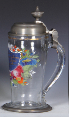 Glass stein, 1.0L, blown, clear, mid. 1800s, hand-painted, pewter lid and base ring, lid dated 1835, very good condition. - 2