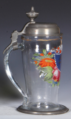 Glass stein, 1.0L, blown, clear, mid. 1800s, hand-painted, pewter lid and base ring, lid dated 1835, very good condition. - 3