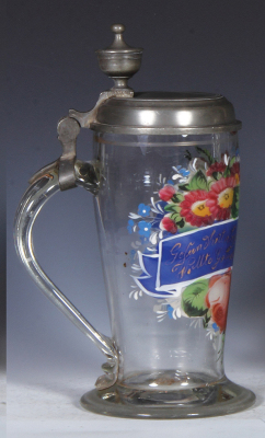 Glass stein, 1.0L, blown, clear, mid. 1800s, hand-painted, pewter lid, very good condition. - 3