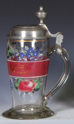 Glass stein, 1.0L, blown, clear, mid. 1800s, hand-painted, pewter lid, lid dated 1851, very good condition. - 2