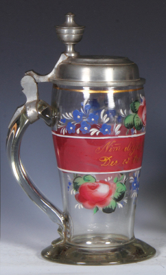 Glass stein, 1.0L, blown, clear, mid. 1800s, hand-painted, pewter lid, lid dated 1851, very good condition. - 3