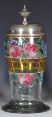 Glass stein, 1.0L, blown, clear, mid. 1800s, hand-painted, pewter lid, very good condition.