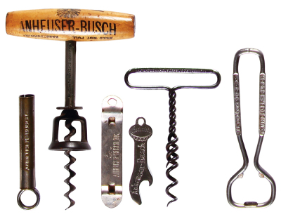 Six bottle openers, 2.5'' to 6.0'', Anheuser-Busch, Budweiser, good condition.