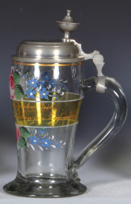 Glass stein, 1.0L, blown, clear, mid. 1800s, hand-painted, pewter lid, very good condition. - 2