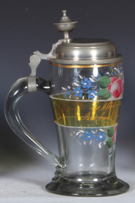 Glass stein, 1.0L, blown, clear, mid. 1800s, hand-painted, pewter lid, very good condition. - 3