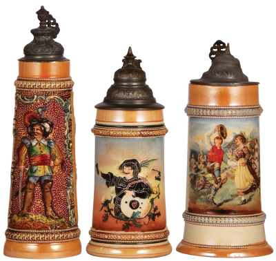 Three Diesinger steins, pottery, 10.9" ht., 602, relief, lid repaired; with, .5L, threading; with, .5L, transfer & hand-painted, lid bent & tear, all have pewter lids, bodies are in very good condition.