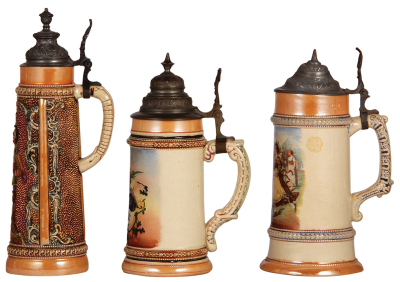 Three Diesinger steins, pottery, 10.9" ht., 602, relief, lid repaired; with, .5L, threading; with, .5L, transfer & hand-painted, lid bent & tear, all have pewter lids, bodies are in very good condition. - 2