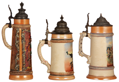 Three Diesinger steins, pottery, 10.9" ht., 602, relief, lid repaired; with, .5L, threading; with, .5L, transfer & hand-painted, lid bent & tear, all have pewter lids, bodies are in very good condition. - 3