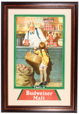 Anheuser-Busch lithograph on paper, framed 48.5" x 33.5", That's it, Budweiser Malt, marked: Litho., IN, U.S.A., artist Norman Hall, professionally framed & matted, small tears around letter M in Malt, blemish in top right corner, otherwise very good cond
