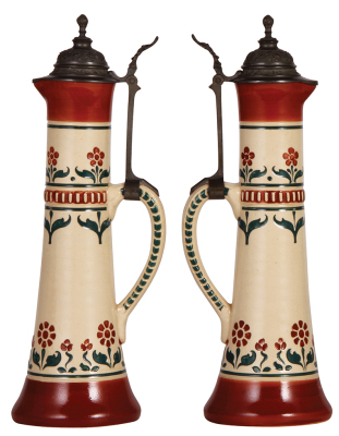 Two steins, pottery, 14.3" ht., marked Gerz, 572C, incised, pewter lid, good condtion; with, Diesinger, 2.0L, 14.0" ht., threading, inlaid lid replaced with glass, handle breaks glued, hairline under base. - 2