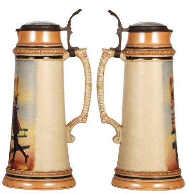 Two steins, pottery, 14.3" ht., marked Gerz, 572C, incised, pewter lid, good condtion; with, Diesinger, 2.0L, 14.0" ht., threading, inlaid lid replaced with glass, handle breaks glued, hairline under base. - 3