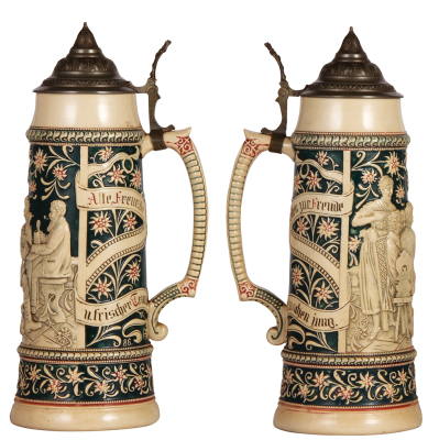 Two Diesinger steins, pottery, 2.0L, 14.5" ht., 86, relief, good condition; with, 2.0L, 15.0" ht., 95, relief, lid finial bent & tear, hairline on top rim. - 2