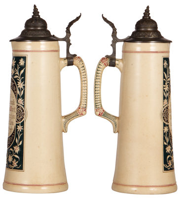 Two Diesinger steins, pottery, 2.0L, 14.5" ht., 86, relief, good condition; with, 2.0L, 15.0" ht., 95, relief, lid finial bent & tear, hairline on top rim. - 3