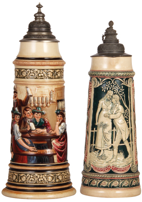 Two steins, pottery, 3.0L, 18.3" ht., by Hanke, 1194, pewter lid is new replacement; with, 2.5L, 16.1" ht., Diesinger, 92, relief, pewter lid, handle breaks glued, body cracks.