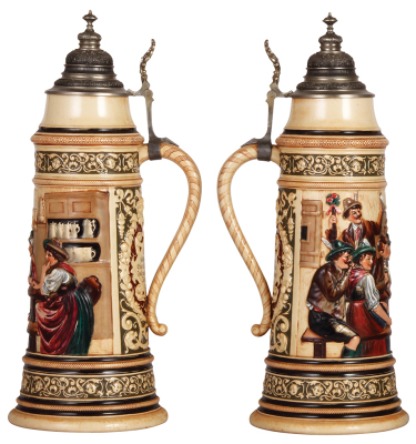 Two steins, pottery, 3.0L, 18.3" ht., by Hanke, 1194, pewter lid is new replacement; with, 2.5L, 16.1" ht., Diesinger, 92, relief, pewter lid, handle breaks glued, body cracks. - 2