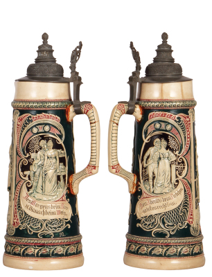 Two steins, pottery, 3.0L, 18.3" ht., by Hanke, 1194, pewter lid is new replacement; with, 2.5L, 16.1" ht., Diesinger, 92, relief, pewter lid, handle breaks glued, body cracks. - 3