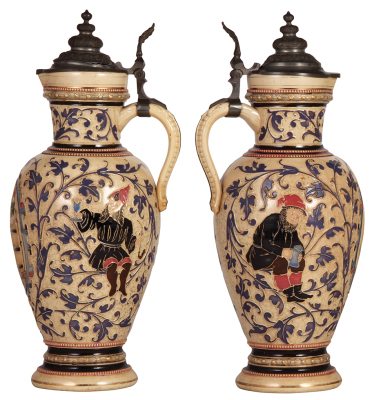 Two steins, pottery, 2.5L, 16.5" ht., 1174, threading, lid damaged, handle tip missing; with, 2.5L, 14.5" ht., by Hanke, 1009, threading, lid dented with tear, handle breaks glued. - 2