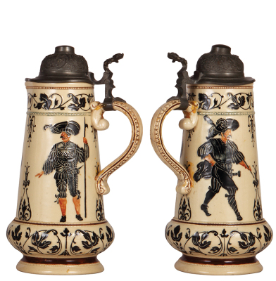 Two steins, pottery, 2.5L, 16.5" ht., 1174, threading, lid damaged, handle tip missing; with, 2.5L, 14.5" ht., by Hanke, 1009, threading, lid dented with tear, handle breaks glued. - 3