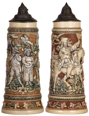 Two Diesinger steins, pottery, 2.0L, 14.2" ht., 818, relief, pewter lid, handle break glued, base chips, lid dented; with, 2.0L, 14.2" ht., 689, relief, pewter lid, handle flake.