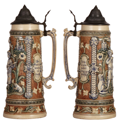 Two Diesinger steins, pottery, 2.0L, 14.2" ht., 818, relief, pewter lid, handle break glued, base chips, lid dented; with, 2.0L, 14.2" ht., 689, relief, pewter lid, handle flake. - 2