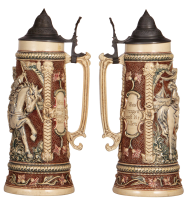 Two Diesinger steins, pottery, 2.0L, 14.2" ht., 818, relief, pewter lid, handle break glued, base chips, lid dented; with, 2.0L, 14.2" ht., 689, relief, pewter lid, handle flake. - 3