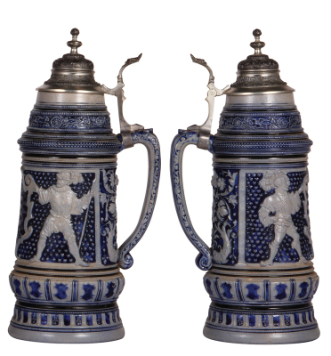 Two steins, pottery, 2.0L, 15.4" ht., 452, Diesinger, relief, pewter lid is damaged, 3" hairline; with, 2.5L, 14.8" ht., marked J.W. Remy, 146, relief, new pewter lid, good condition. - 3